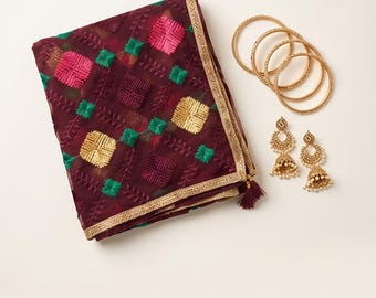 Wine Phulkari Designer Dupatta Shawl