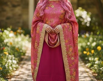 Chal dupatta rosa con estampado floral de diseño artístico