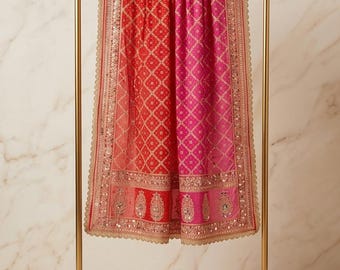 Embroidered Dual Shade Georgette Designer Dupatta, Mirror Gold Zari Jaal Paisley Motifs