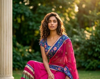 Sari de fiesta de diseñador color magenta con blusa sin coser.