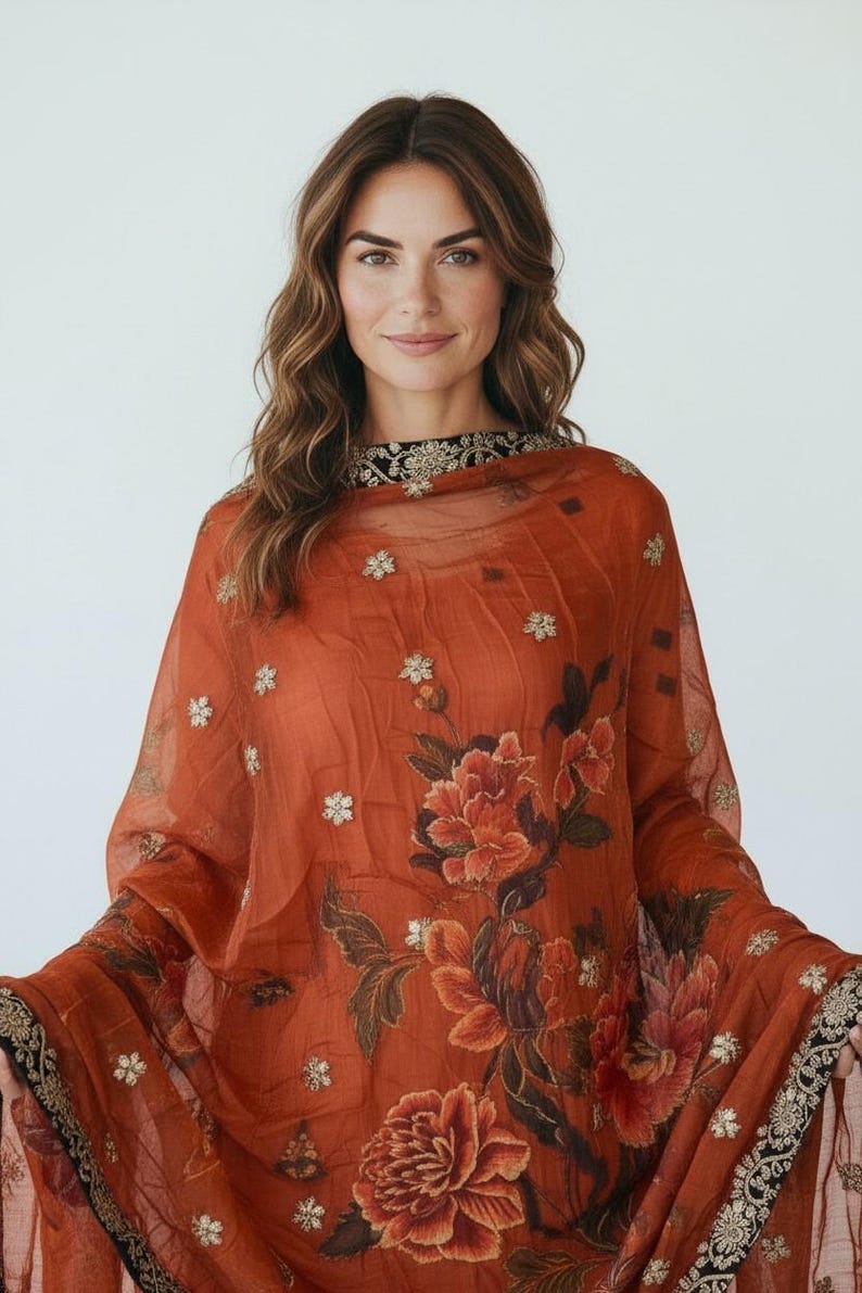 May include: Rust-colored sheer fabric with floral embroidery and a black and gold border. The garment features large, detailed floral patterns in shades of red and orange. Small gold floral accents are scattered across the fabric.