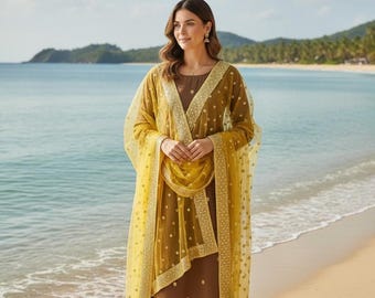 Chal dupatta de red amarillo, borde bordado con purpurina, tela suave.