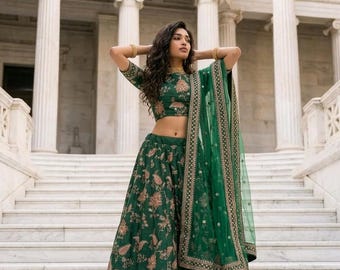 Lehenga Choli de seda cruda verde botella, bordado floral, detalles dorados, talla 44 (lista para usar)