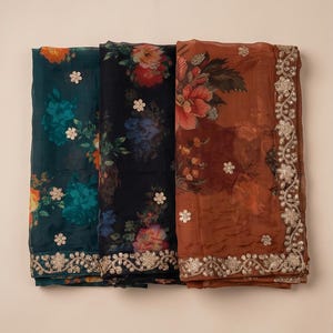 Floral Art Designer Faux Georgette Dupatta Shawl, Embroidered Gotta Border, Festive Wear image 1