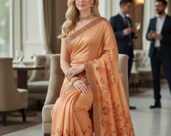 Sari de seda mezclada con bordados florales en color naranja dorado – Vestido étnico para fiestas (blusa sin coser)