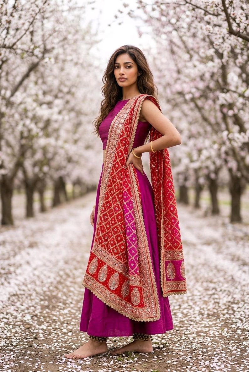 Dupatta de georgette rojo magenta bordado de diseñador, con motivos paisley de zari jaal dorado espejo. imagen 1