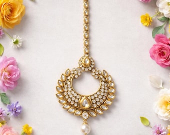 Gold Kundan Maang Tikka, Traditional Indian Headpiece, Pachi Kundan Work, Bridal Jewelry Accessory