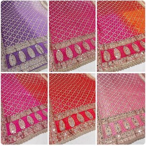 Dupatta de georgette rojo magenta bordado de diseñador, con motivos paisley de zari jaal dorado espejo. imagen 7