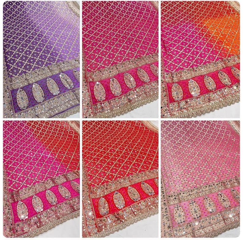Dupatta de georgette rojo magenta bordado de diseñador, con motivos paisley de zari jaal dorado espejo. imagen 7