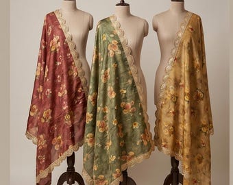 Golden Shades Floral Art Designer Dupatta Shawl, Metallic Gold wrap