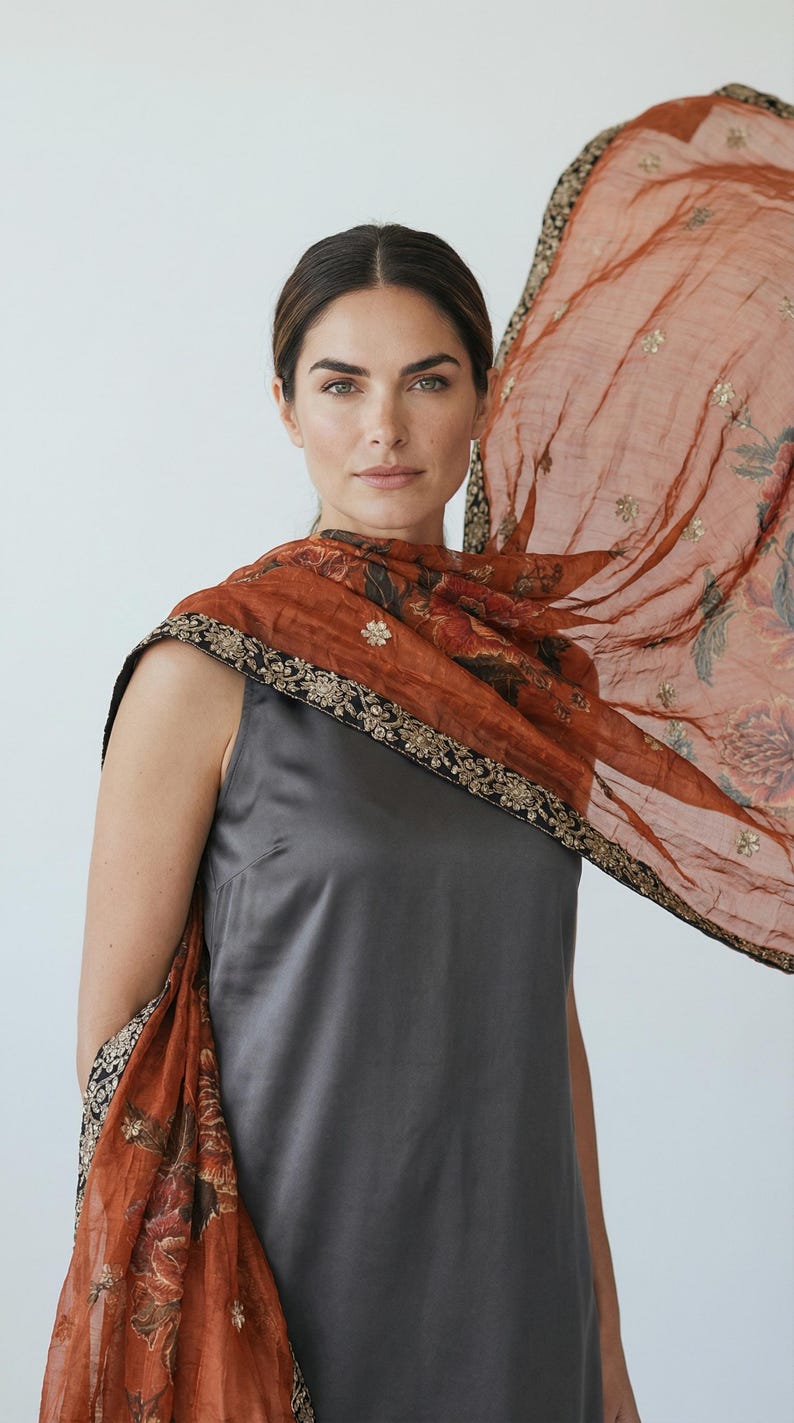 May include: A woman wearing a gray sleeveless dress and a sheer, rust-colored scarf. The scarf features floral patterns and gold embellishments along the edges. The scarf is draped over the shoulders and arms.