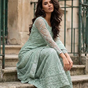 Mint Green Anarkali Gown, Luxury Net Embroidery, Indian Wedding Dress (Size 46)