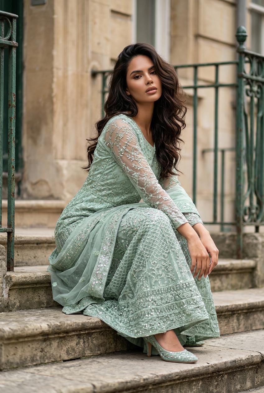 mint green dress indian Shimmering Pastel Mint Green Floor-length Anarkali/Party Gown with Dupatta  [product_title] | OORVI DESAI