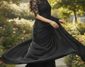 Elegante sari de fiesta de seda negra brillante