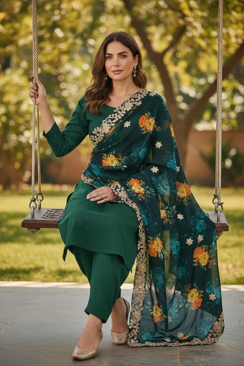May include: A woman wearing a dark green salwar kameez, a traditional South Asian outfit, sits on a wooden swing. The outfit includes a long-sleeved top and matching pants. A floral patterned scarf with gold trim drapes over the shoulders.