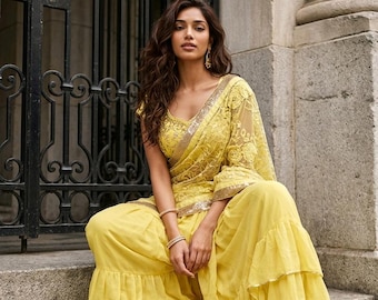 Sari de diseñador amarillo bordado en red