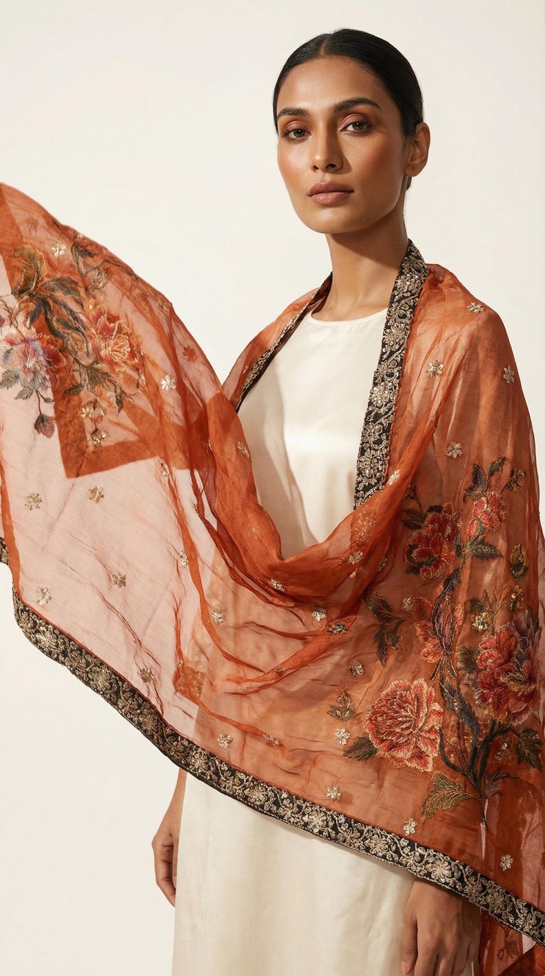 May include: A sheer, rust-colored scarf with floral embroidery and a black and gold border. The scarf features detailed embroidery of flowers in shades of red, orange, and green, with small, sparkling embellishments.