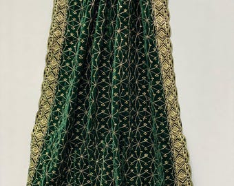 Green Velvet Dupatta, Gold Embroidery, Ornate Scalloped Border, Indian Wedding Shawl