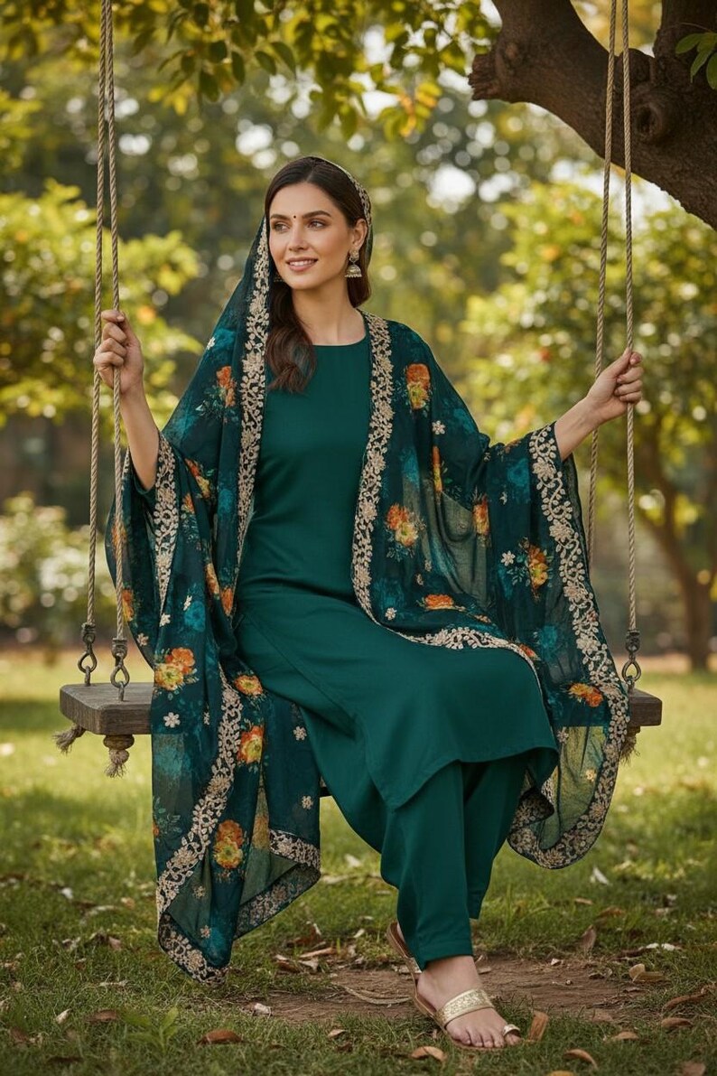 May include: A teal green salwar kameez ensemble. The outfit includes a tunic, pants, and a patterned shawl with floral and gold accents. The woman is sitting on a wooden swing outdoors.