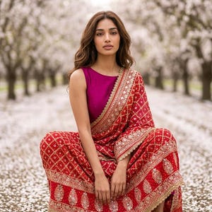 Puede incluir: Una mujer con un sari rojo con bordados dorados y un top magenta. El sari presenta un patr&oacute;n geom&eacute;trico y bordes ornamentados. El fondo muestra un camino bordeado de &aacute;rboles en flor.