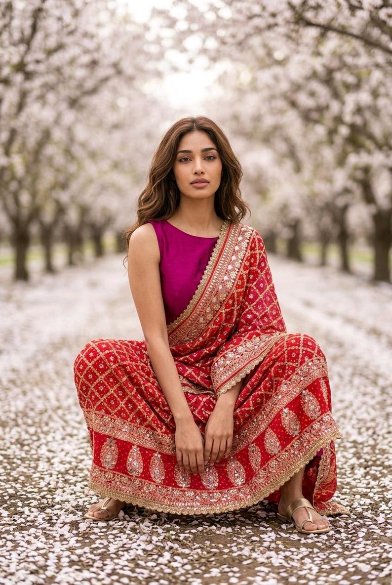 Puede incluir: Una mujer con un sari rojo con bordados dorados y un top magenta. El sari presenta un patr&oacute;n geom&eacute;trico y bordes ornamentados. El fondo muestra un camino bordeado de &aacute;rboles en flor.
