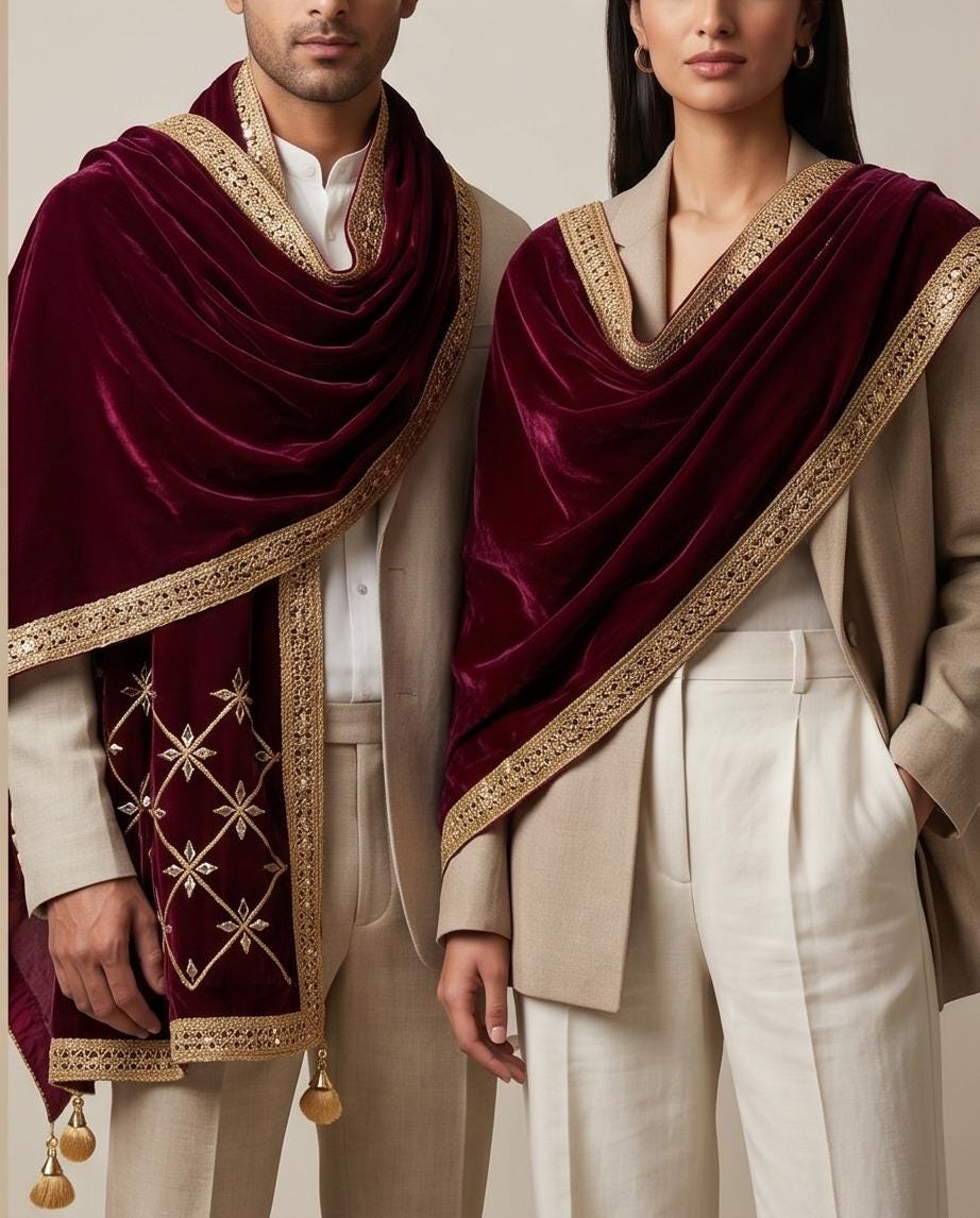 Maroon Velvet Dupatta, Gold Zardozi Embroidery, Mirror Work, Bridal Party Wear Scarf