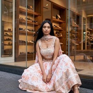 Osydd vit blommig organza lehenga choli set, gyllene zari paljettbroderi, brudklänning