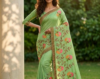 Green Floral Embroidered Blend- Sheer Silk Saree, Party Wear Designer Ethnic Dress (Unstitched Blouse)
