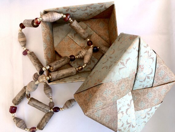 Art Jewelry Necklace Upcycled Paper Beads In Origami Keepsake Gift Box Gift Idea For Her Wearable Art Love Letters