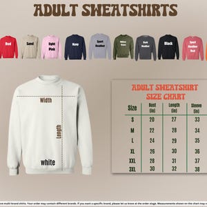 a collection of adult sweatshirts in various colors and sizes, along with a size chart for these sweatshirts.