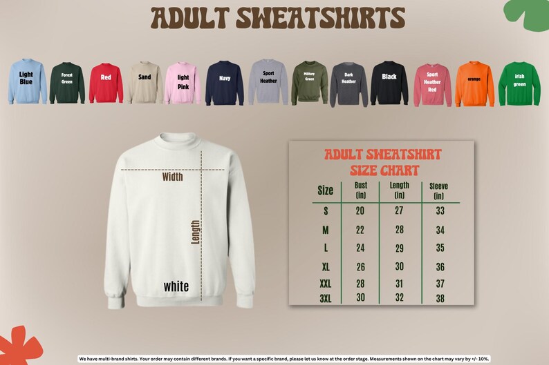 a collection of adult sweatshirts in various colors and sizes, along with a size chart for these sweatshirts.