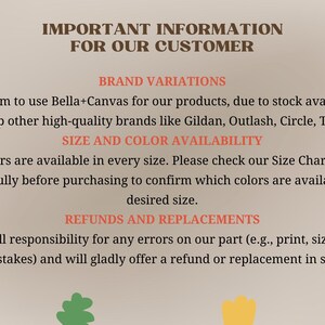 important information for a customer regarding brand variations, size and color availability, and customer responsibility for errors.