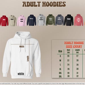 a collection of adult hoodies in various colors and sizes, along with a size chart for selecting the appropriate size.