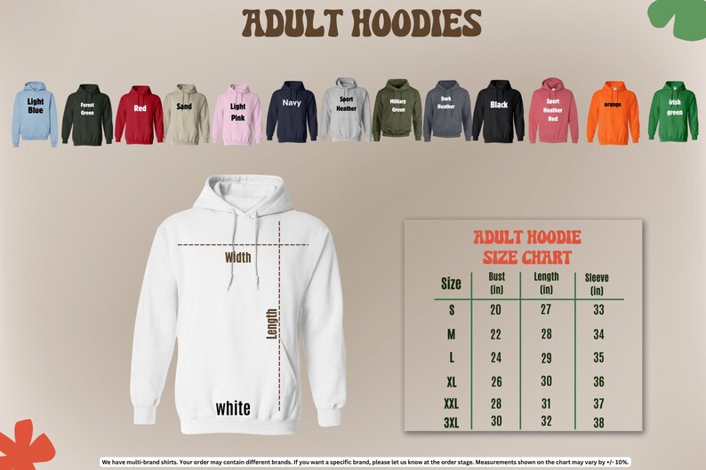 a collection of adult hoodies in various colors and sizes, along with a size chart for selecting the appropriate size.