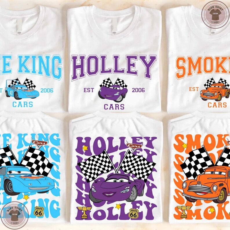 a collection of white T-shirts with various car-related designs and text.