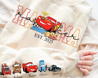Camiseta personalizada Disney McQueen Mama, moletom para mãe de menino, camiseta infantil com nome personalizado na manga