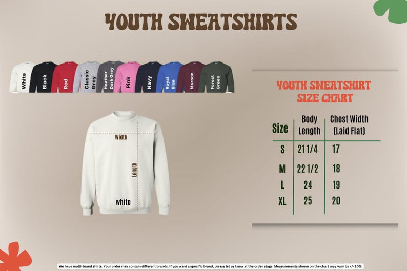 The image is a size chart for youth sweatshirts, displaying the different sizes available in a collection of 13 different styles. The chart provides measurements for the chest width, length, and laid-flat size, along with corresponding shirt colors.