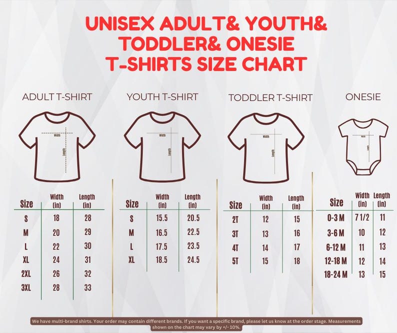 The image is a size chart for adult, youth, toddler, and onesie t-shirts. It provides measurements for different age groups, including sizes for adults, youth, toddlers, and onesies. The chart is designed to help customers determine the appropriate size based on their age and height.