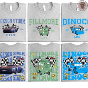 a collage of six t-shirts, each featuring a different design related to the Disney movie Cars. The designs include cars, racing flags, and text related to the film.
