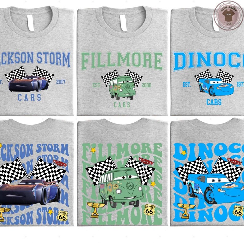 a collage of six t-shirts, each featuring a different design related to the Disney movie Cars. The designs include cars, racing flags, and text related to the film.