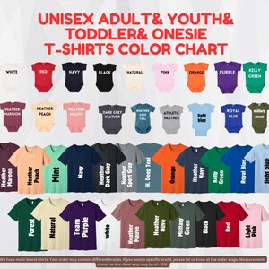 The image is a color chart for adult and youth t-shirts, featuring a variety of different colors and styles.