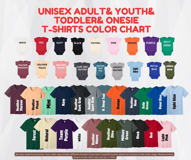 The image is a color chart for adult and youth t-shirts, featuring a variety of different colors and styles.