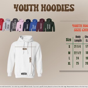 a collection of youth hoodies in various colors and sizes, along with a size chart for selecting the appropriate size.