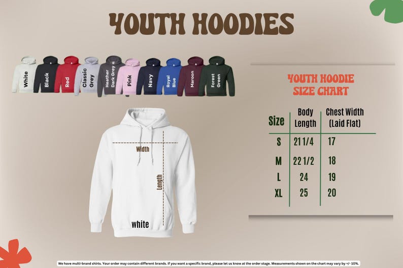 a collection of youth hoodies in various colors and sizes, along with a size chart for selecting the appropriate size.