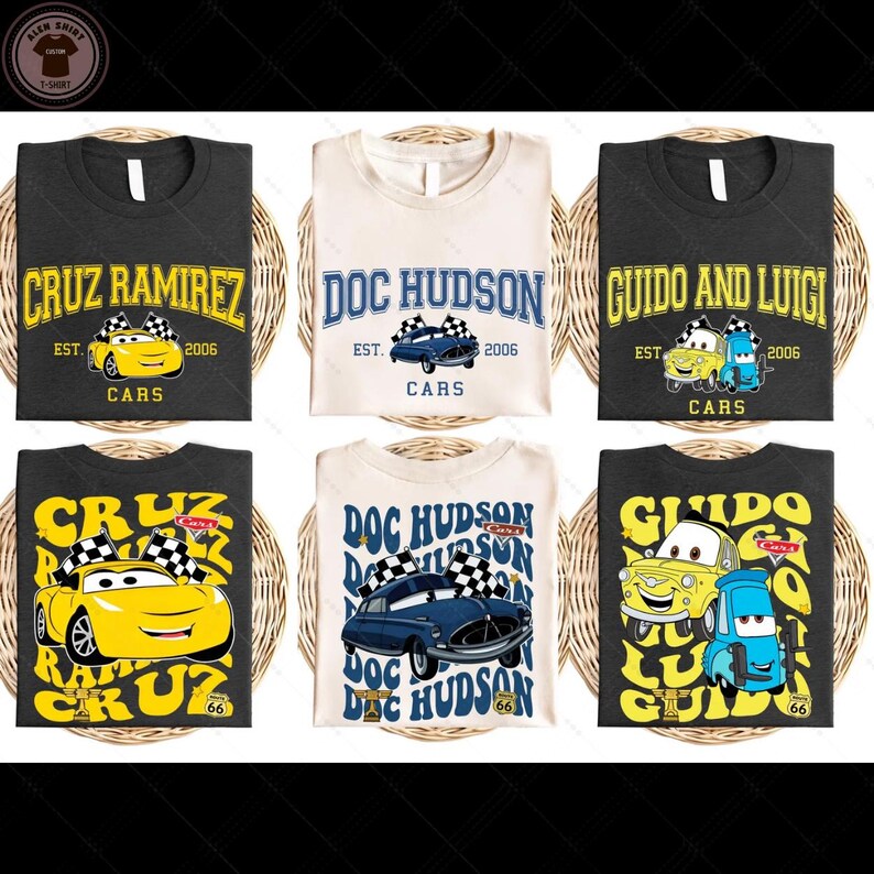six t-shirts with various car-related designs and text, including the characters from the animated film "Cars".