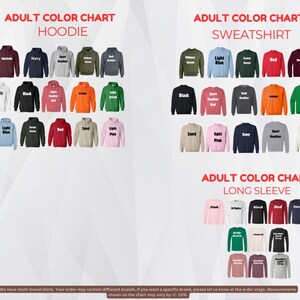 The image is a color chart displaying various adult color charts, including a hoodie and a sweatshirt. The chart has multiple color options, such as navy blue, green, red, and white, among others. The chart is designed to help customers choose the appropriate color for their clothing or accessories.