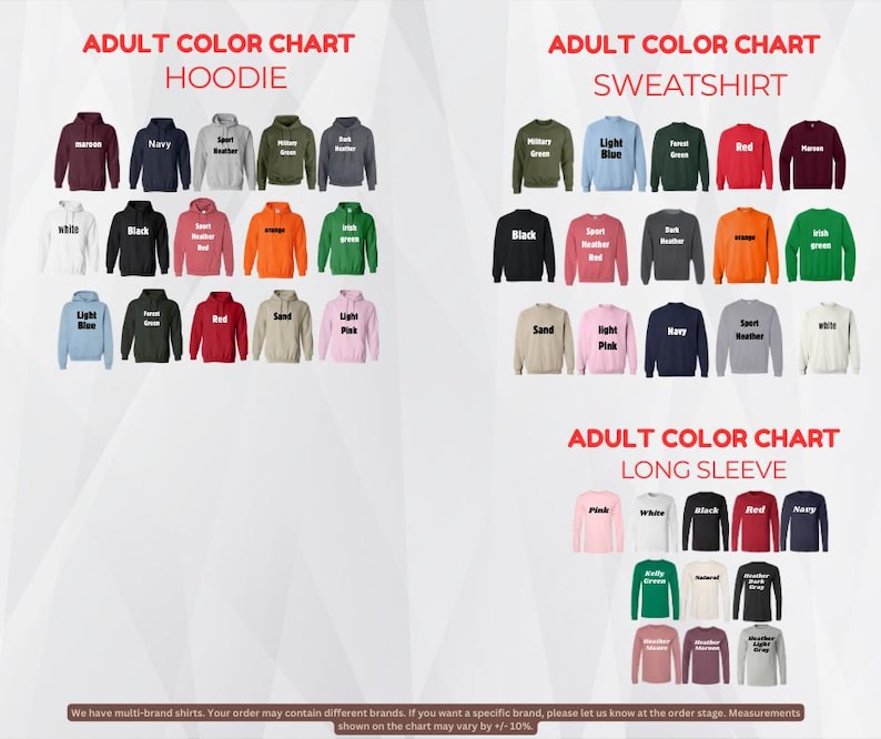 The image is a color chart displaying various adult color charts, including a hoodie and a sweatshirt. The chart has multiple color options, such as navy blue, green, red, and white, among others. The chart is designed to help customers choose the appropriate color for their clothing or accessories.