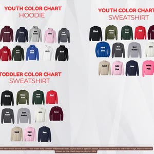 The image is a colorful chart displaying various types of clothing, including hoodies and sweatshirts, for different age groups, such as youth and toddler.