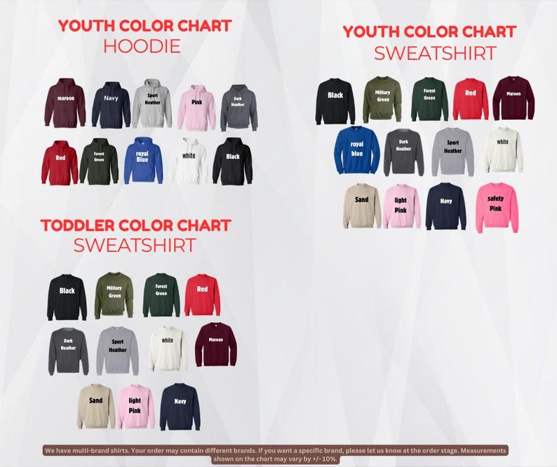 The image is a colorful chart displaying various types of clothing, including hoodies and sweatshirts, for different age groups, such as youth and toddler.