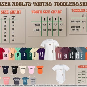 The image is a collage of various adult, youth, and toddler size charts and shirts, providing size information for different clothing items.